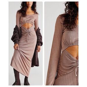Free People Ribbed Cutout Midi Dress in Taupe